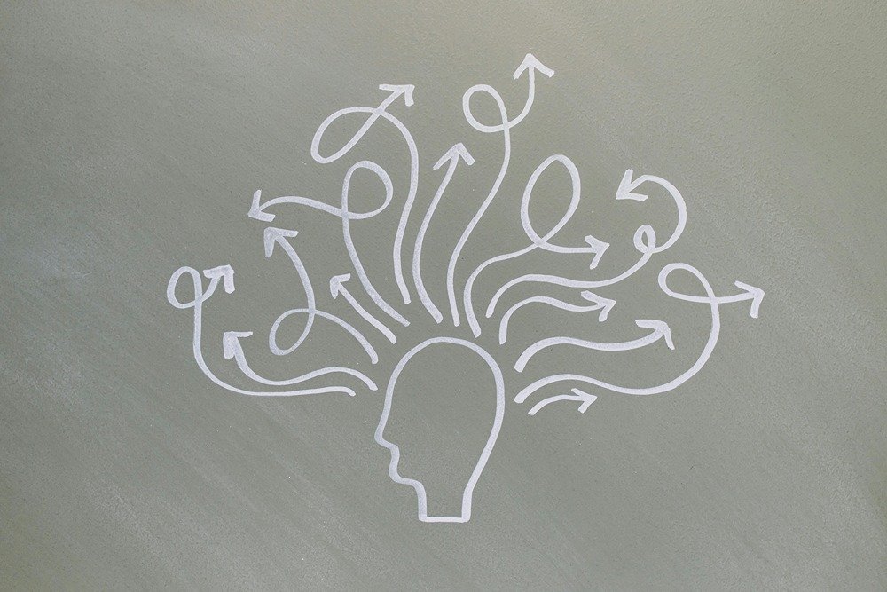 chalkboard drawing of a head with swirling arrows coming out of the top